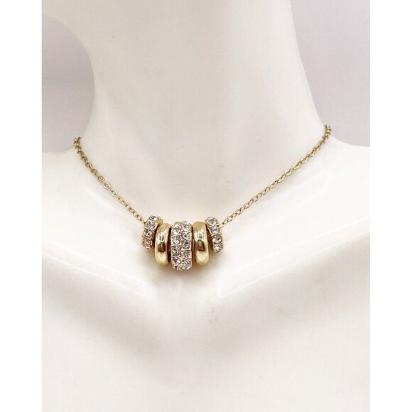 Gold Tone Multi Ring Necklace Crystal Pavé Circle Pendant Adjustable Chain - Picture 2 of 5